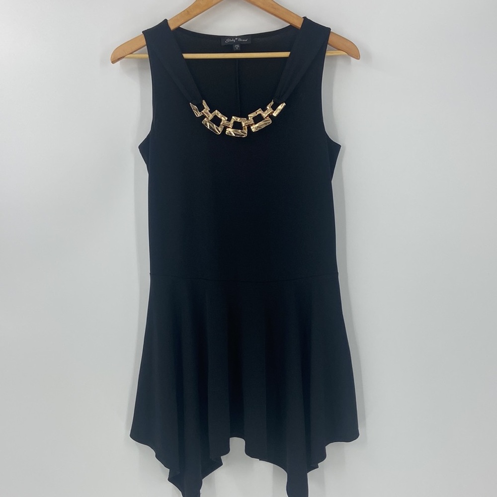 Slinky brand black tunic fit & flare gold tone chain geometric metal detail